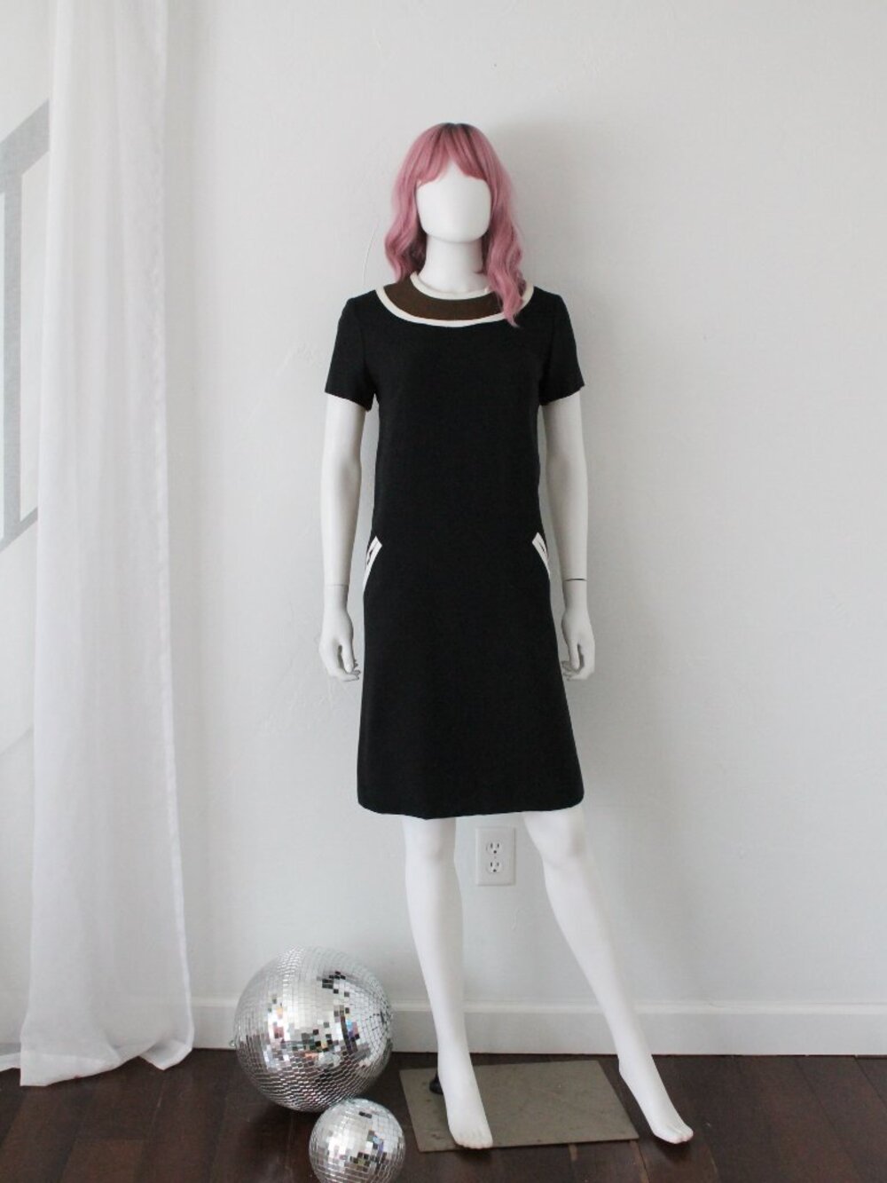 Vintage 1960s Black Shift Dress with White Trim